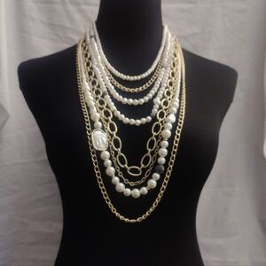 Chico’s Multi Strand Pearl & Gold-tone Chain Layered Statement Necklace